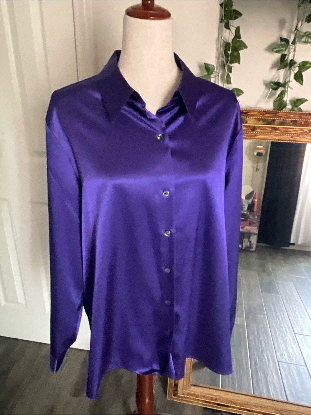 Sag Harbor Violet Satin Button-Front Blouse